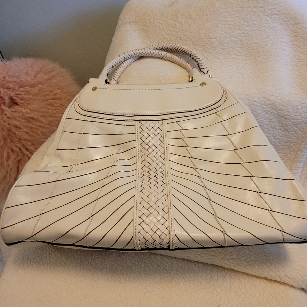 Cole Haan Cream Leather Woven Satchel - Picture 3 of 11